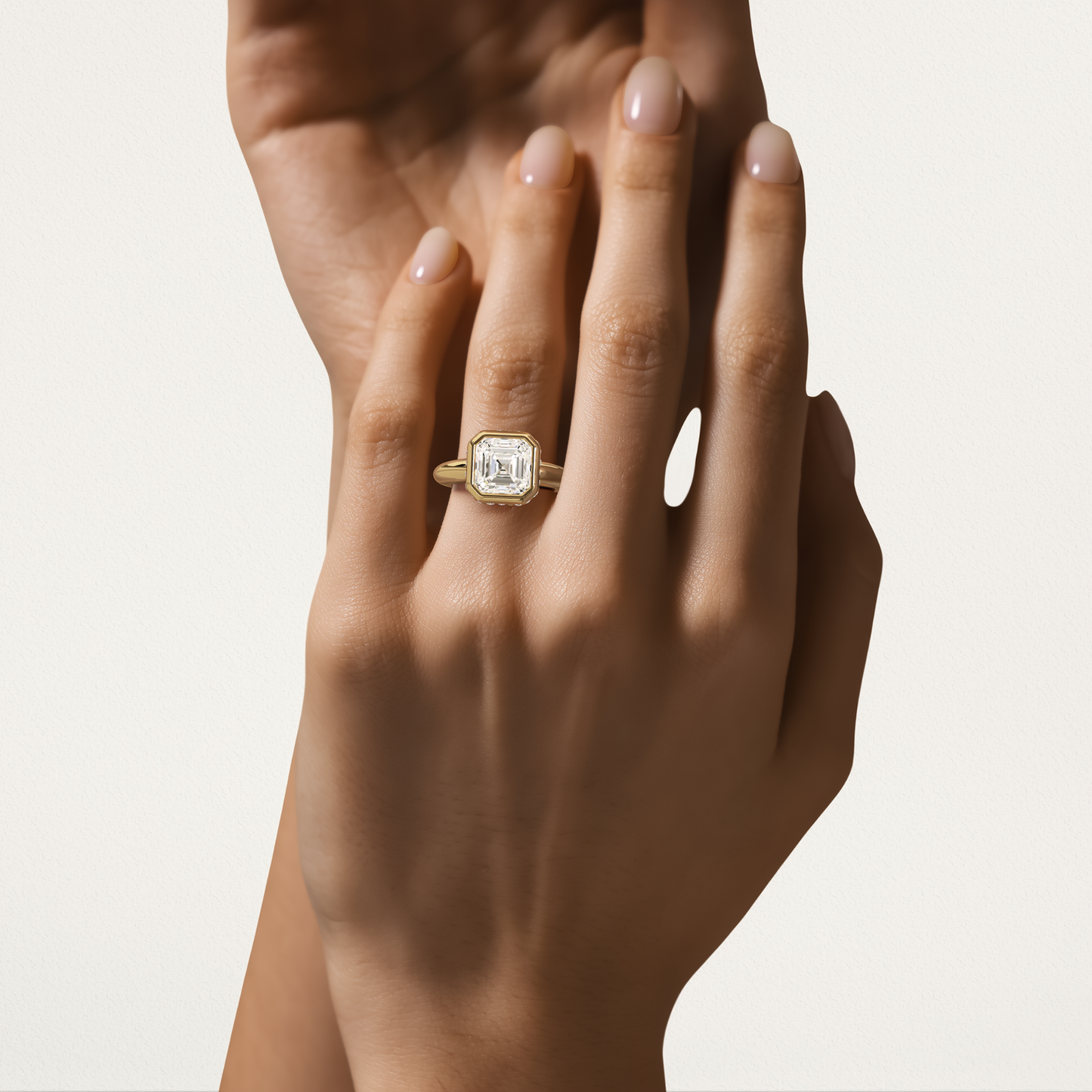 Bezel Set with Burnished Basket Nouveau Romantic Statement Ring - Asscher