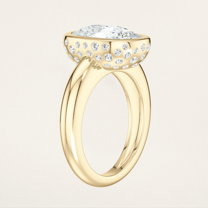 Bezel Set with Burnished Basket Nouveau Romantic Statement Ring - Elongated Cushion