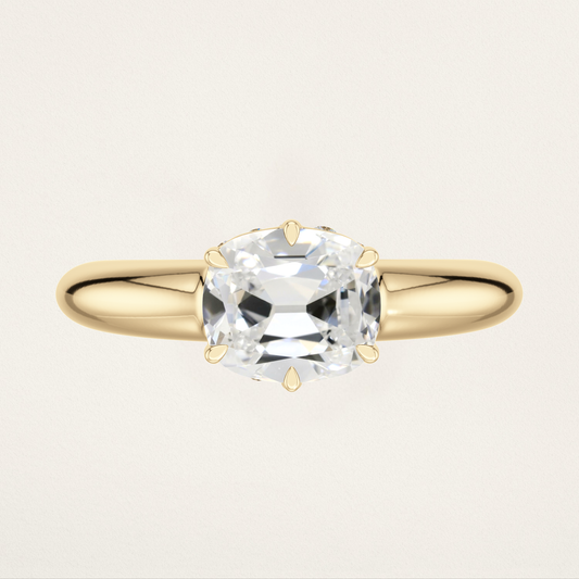 East/West Prong Set with Burnished Basket Nouveau Romantic Statement Ring - Elongated Old Mine