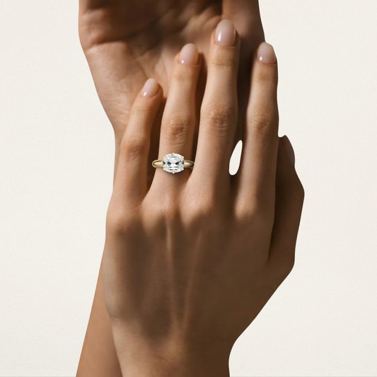 East/West Prong Set with Burnished Basket Nouveau Romantic Statement Ring - Elongated Old Mine