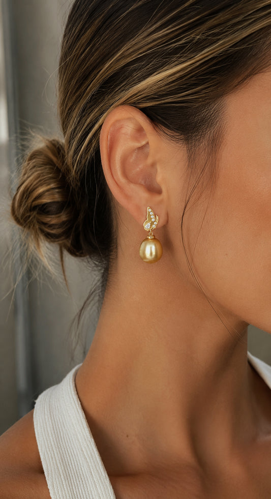 Stacey Drop Earrings - Diamond & Golden Pearl